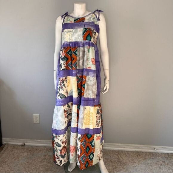 Handmade Multicolor Patchwork Tiered Sundress with Shoulder Straps Size L - Picture 5 of 10